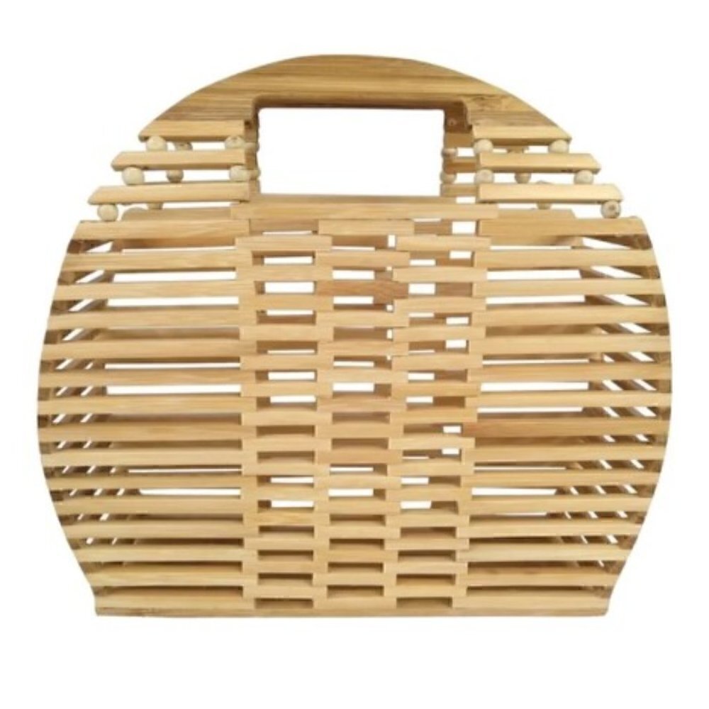 Smooth Natural Bamboo Bag Top Handle, Bamboo Woven Beach Bag, Half Moon,… - Picture 1 of 3